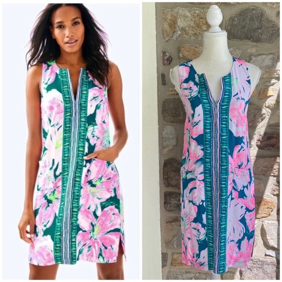 NWT LILLY PULITZER CARLOTTA STRETCH SHIFT DRESS  Tidal Wave Pans Garden $218 - Picture 1 of 12